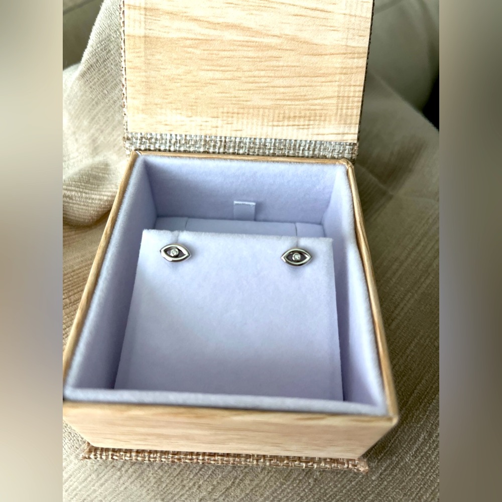New!! 14k White Gold Bezel Diamond Evil Eye Earrings | BabyGold